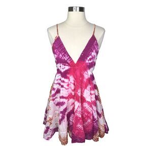 RAGA x Anthropologie Pink Tie Dye V-Neck Mini Dress - Size Medium